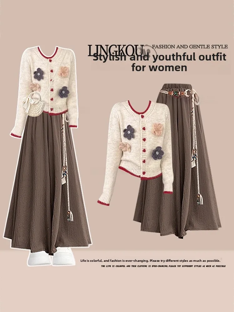 Vintage Style Women's Knitted Floral Cardigan And Casual Pants Set Slimming plus Size Autumn Collection Age Defying Two Piece...