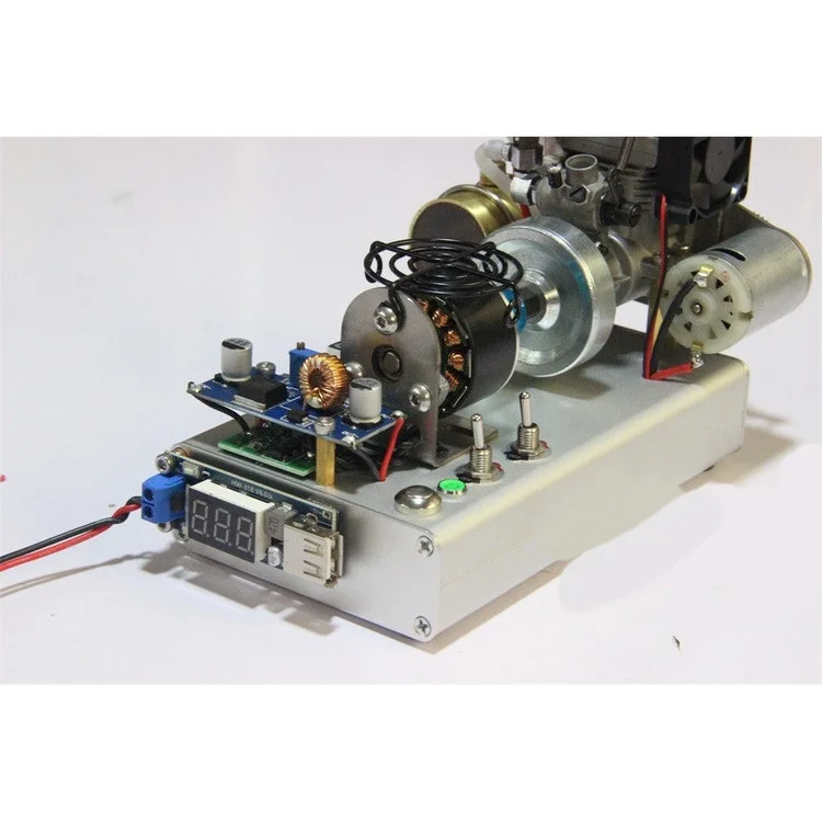 三葉12段メタノールエンジンを発電機に改造、ミニサイズのスターター、12Vモーター、USB出力5V