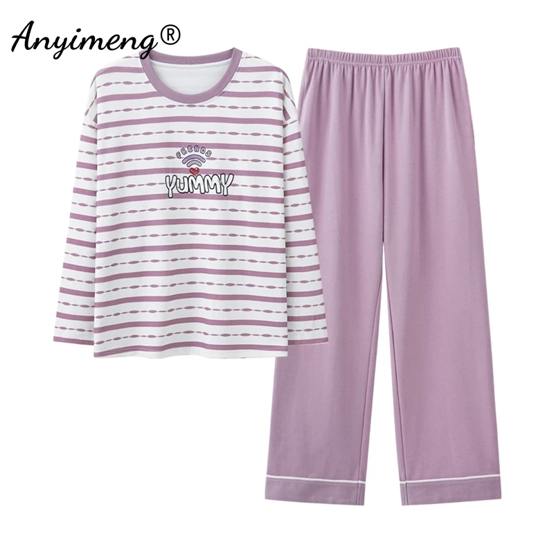 Spring Autumn Cotton Pajamas for Women Round Neck Pajama Sets Long Sleeve Long Pants Pijamas Fashion Homewear for Girl