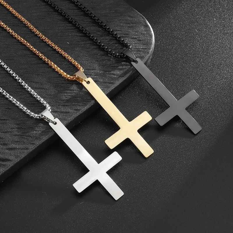 Stainless Steel Simple Inverted Cross Necklace Pendant for Men and Women Evil Devil Symbol Power Alternative Jewelry