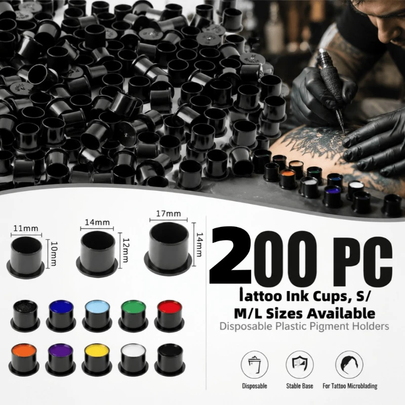 200PCS Disposable Black Tattoo Ink Cups Small S/Medium M/Large L Plastic Tattoo Ink Holder Stable Self-standing Tattoo Ink Caps