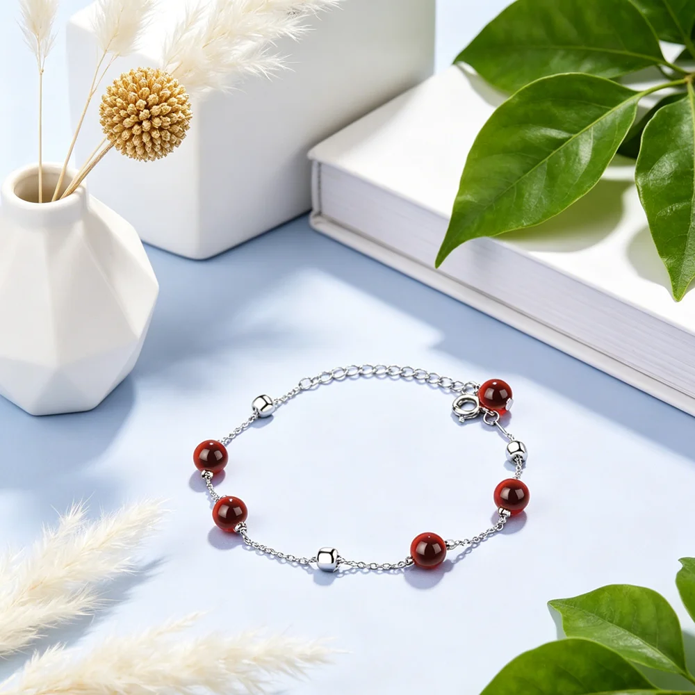 New Brand Women Genuine 925 Sterling Silver Geometric Natural Crystal Garnet Bracelets Exquisite Beads Metal Chain For Girl