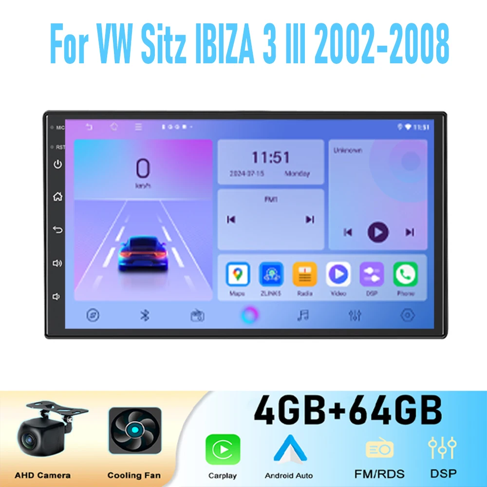 

7" For VW Sitz BIZA 3 2002-2008 4-64GB Radio Wireless Carplay Adnroid 15 Auto Head GPS Navi WIFI Car Stereo Radio Google Map