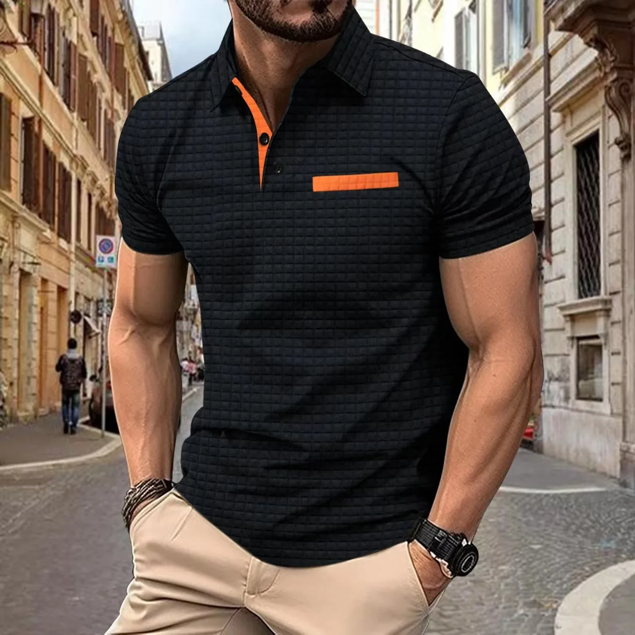 2024 new summer men's fashion fashion casual solid color loose version of t shirt men's sports fitness jacquard check POLO shirt