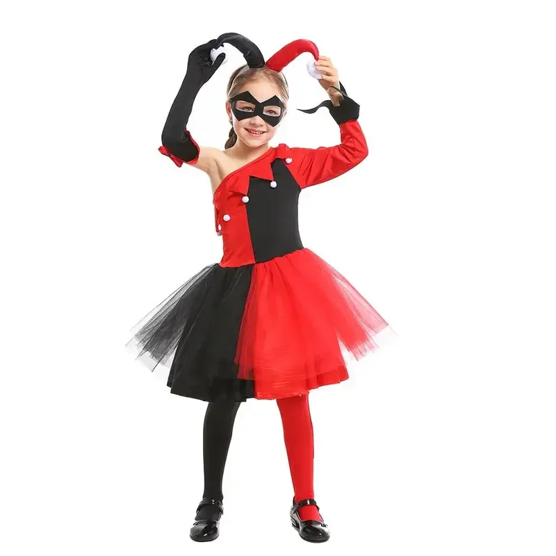 RT01 niñas Quinn Cosplay vestidos Halloween negro rojo payaso asesino disfraz carnaval Pascua Purim vestido de lujo y Gf1