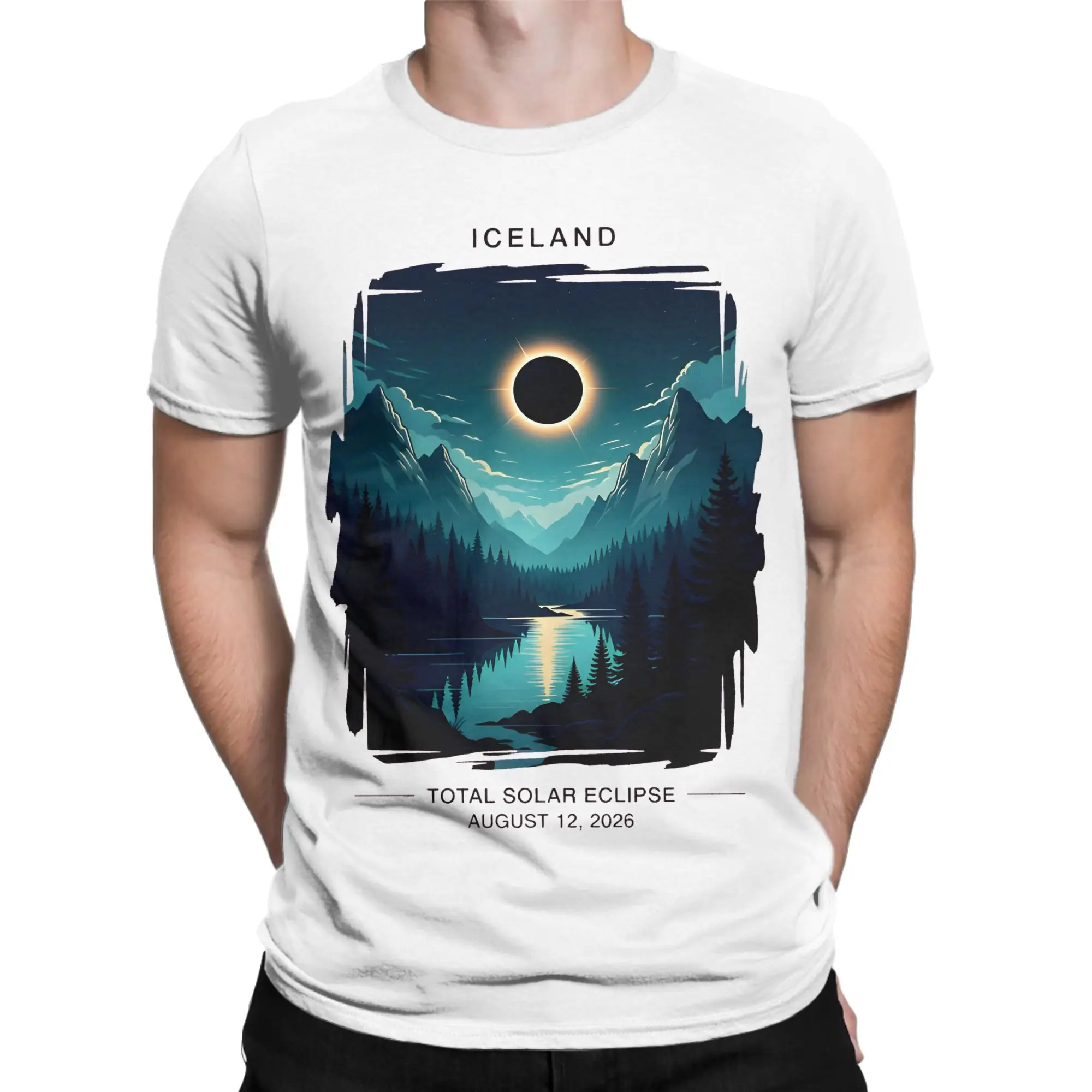 Print Iceland Eclipse 2026 August 12 Total Solar Eclipse Mountains Tshirts 100% Cotton Short Sleeve  Round Neck Summer TopsTops
