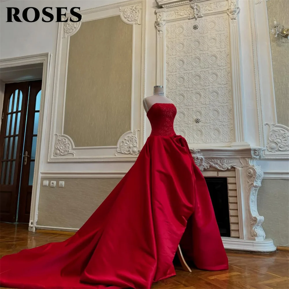 

ROSES Red Party Dress Strapless Satin Evening Dress with Sequin Bodice فستان سهرة A Line Prom Gown for Women Customized