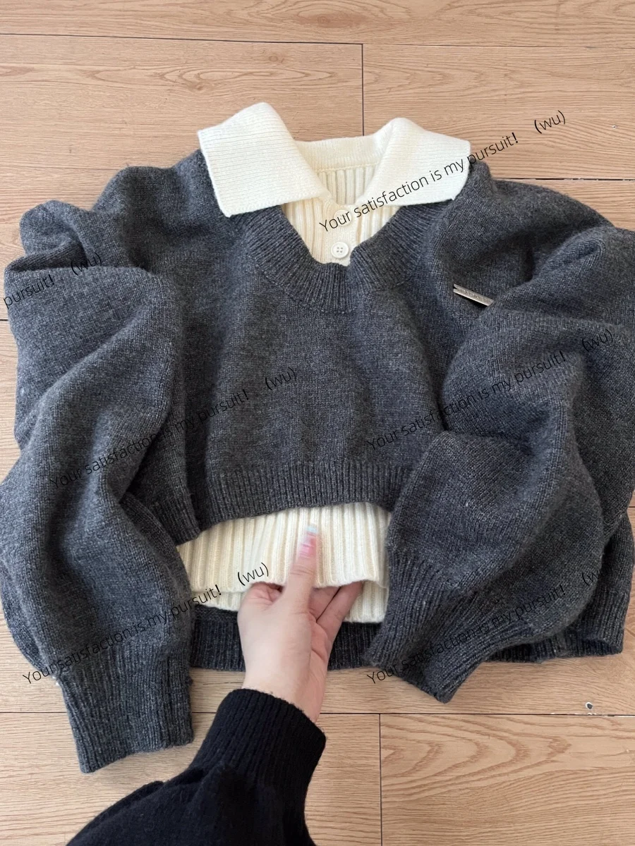 

Academy style short POLO neck sweater women's autumn and winter high waist two-piece knitted sweater top