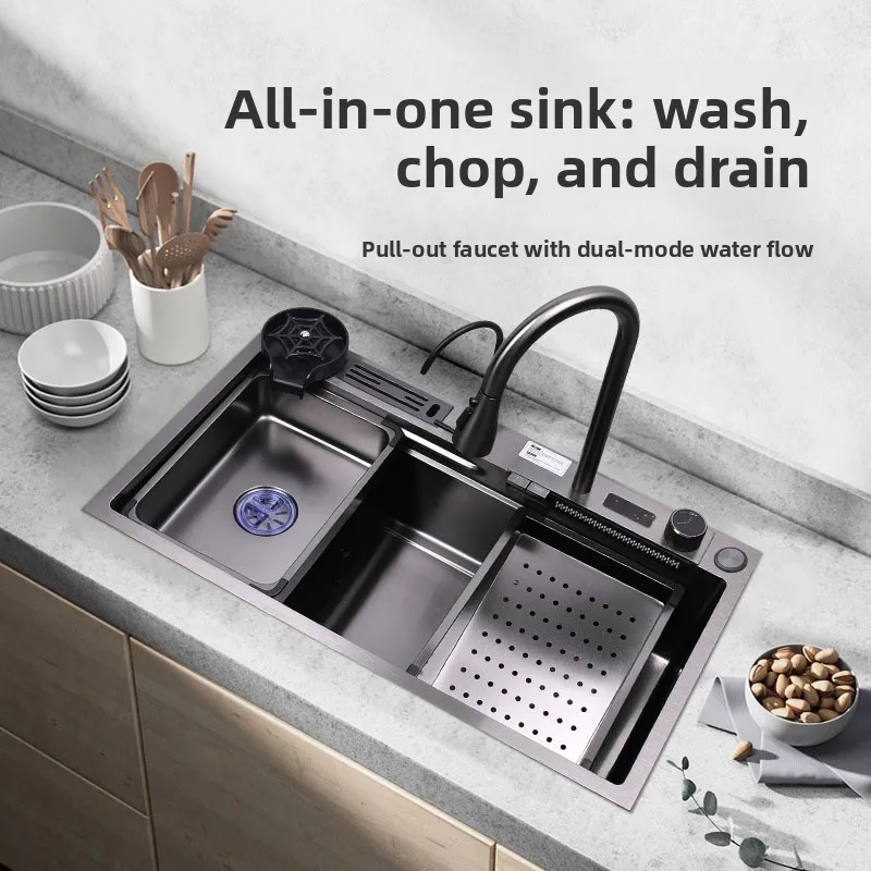 

Thickened 304 Stainless Steel Digital Display Kitchen Sink Single Bowl Handmade Nano Vegetable Washing Basin