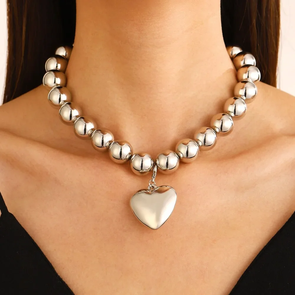 

Big CCB Ball Beaded Chain and Heart Pendant Necklace for Women Trendy Choker Collar on The Neck Accessories 2024 Fashion Jewelry