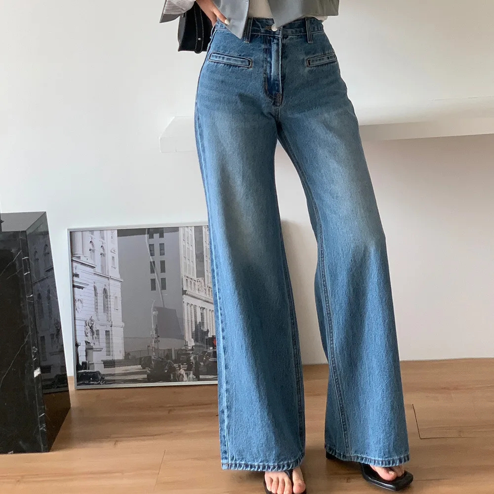 

Early Spring and Autumn Fashion New Design Sense Splicing Slightly Wide Legs Thin Bag Retro Jeans Women