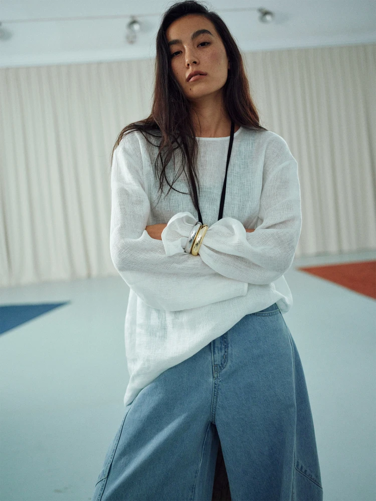 

Женская льняная футболка Ayuko с длинным рукавом и круглым вырезом, охлаждающая, свободного кроя, однотонная, для повседневной носки, весенняя коллекция