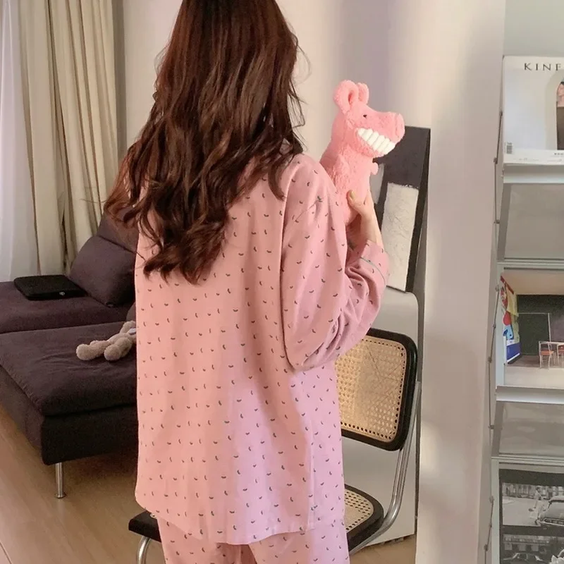 Women's pajamas new autumn spring long sleeve soft sleepwear set striped cartoon pyjama woman home nightwear set cardigan