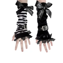 Fingerless Knitted Gloves with Lace Cuff 2000s Girl Carnivals Party Gloves Armwear