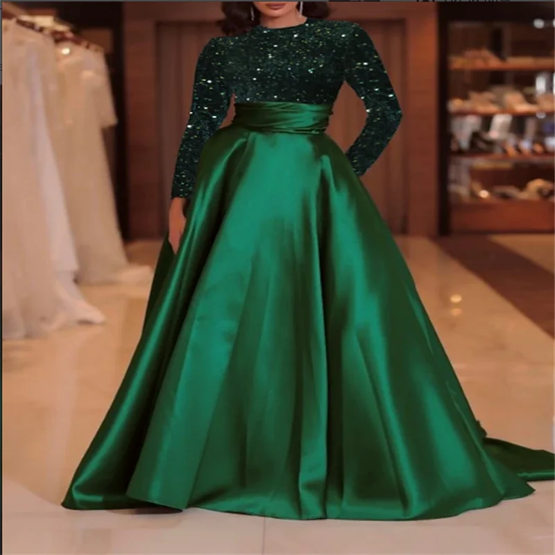 

A-Line Sequin Evening Gown Elegant Dress Formal Cocktail Party Court Train Long Sleeve High Neck Fall Wedding Guest Customized