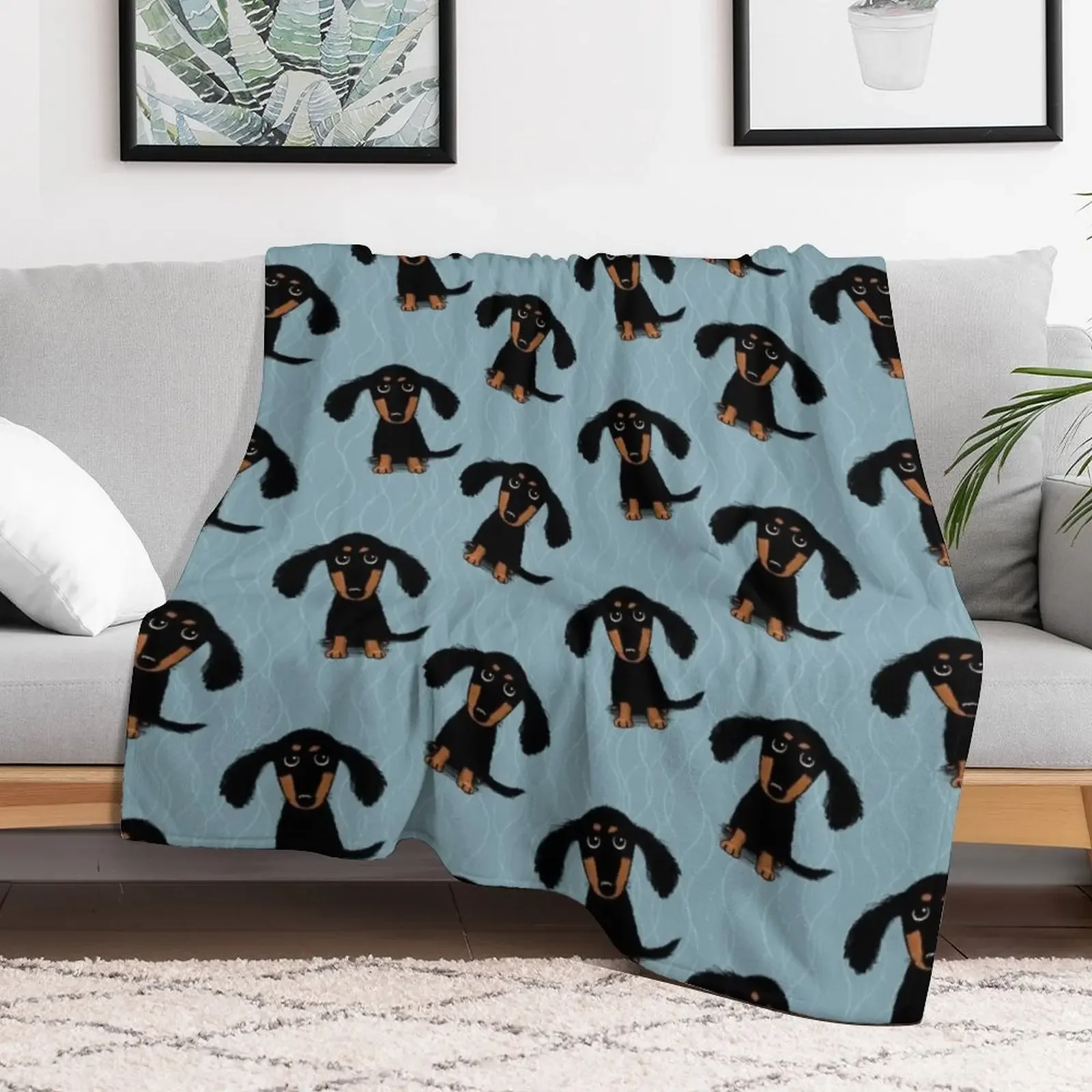 Longhaired Dachshund Black and Tan Puppy Dog Throw Blanket Stuffeds Sleeping Bag Hair Blankets