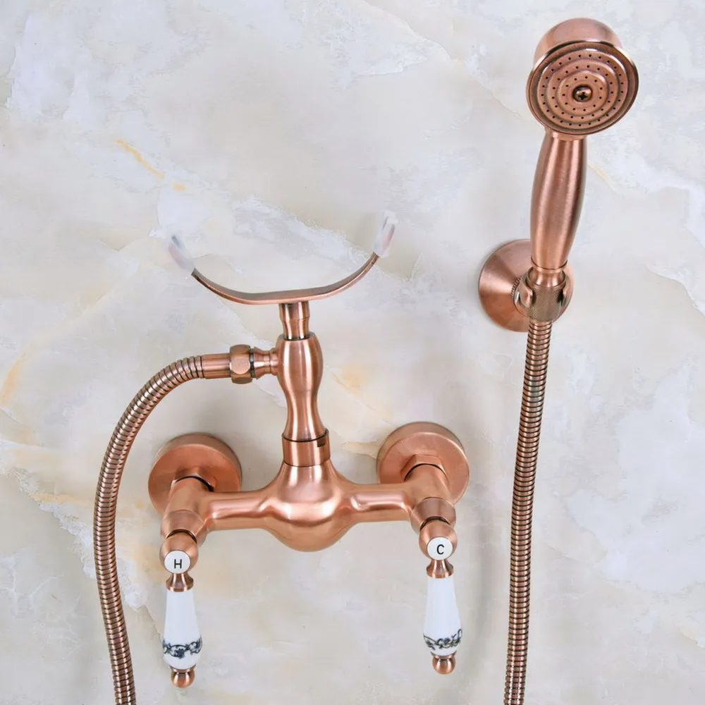 

Antique Red Copper Wall Mounted Bathtub Faucet with Handheld Shower Set +150CM Hose Mixer Tap 2na354