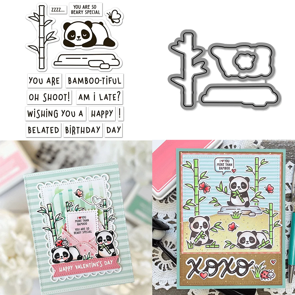 

I Heart Pandas Add-on, Bundles Clear Stamps And Metal Cutting Dies For DIY Craft Making Card Scrapbooking Decoration