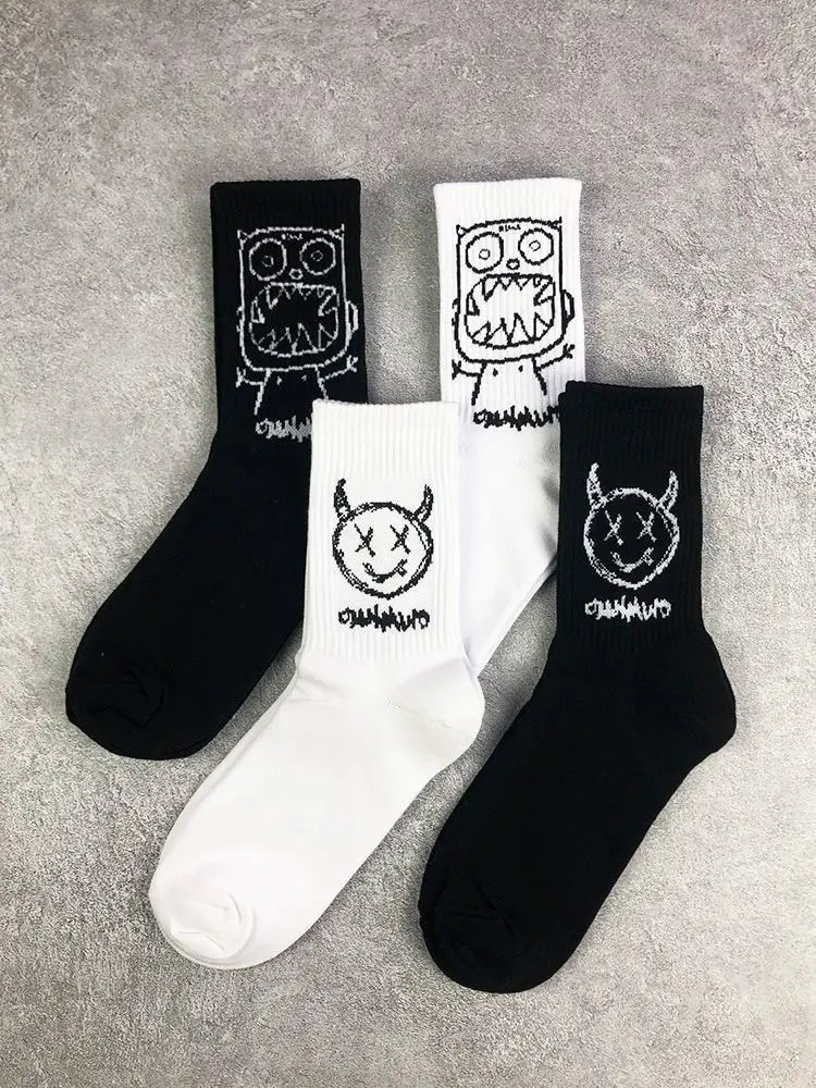 Men Women Socks Cotton Simplicity Anime Devil Grimace Harajuku White Black  Graffiti Fashion Long Funny Hip Hop Sox