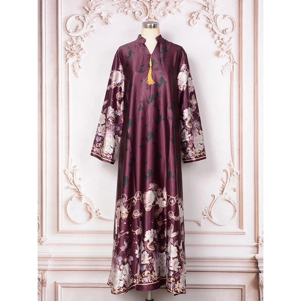 New Style of Middle Eastern Ladies' Long Gowns with Printed Patterns, Fringes and Pendants, Dubai Abaya Muslim Dresses.