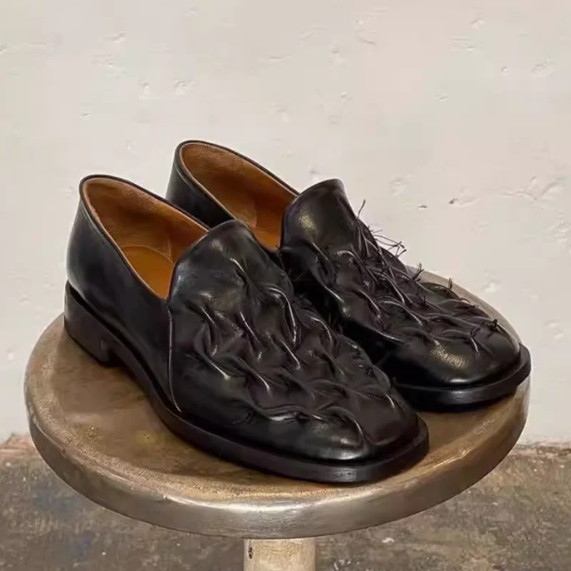 Sewing Lines Shoes for Womens Square Toes Chunky Mid Heels Pleated Chassure Femme Shallow Female Loafer Pu Leather Zapatos Mujer