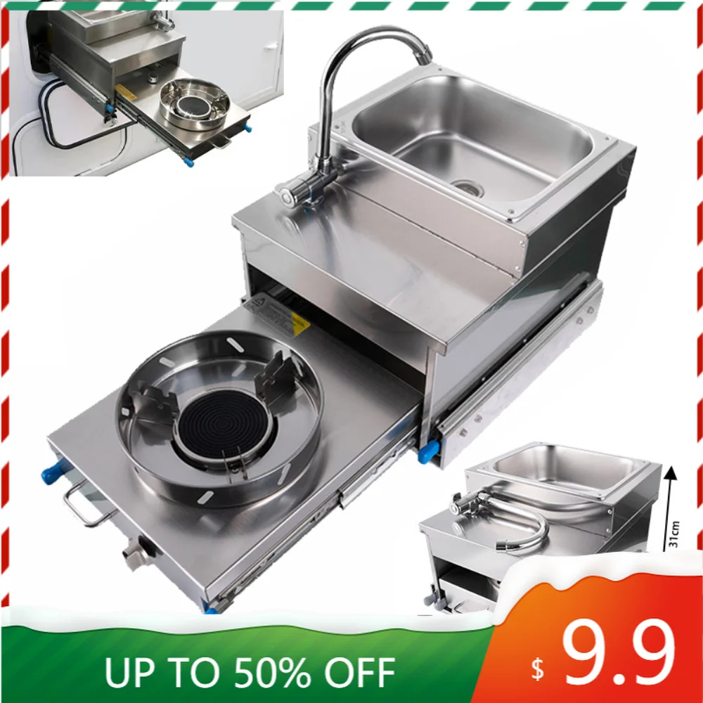 Stainless Steel Outdoor Pull Out RV Sink With Gas Stove Slide Out Kitchen Cooktop For Camper Trailer Caravan Motorhome