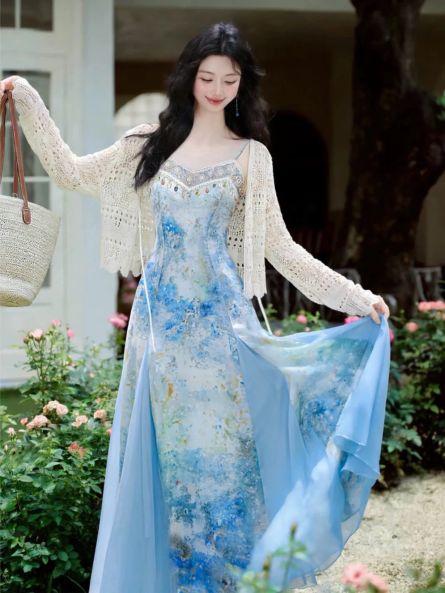 Korean Style Summer Seaside Vacation Style Gradient Dyed Blue Dress 2026 New Beautiful Unique Women's Suspender Long Dresses