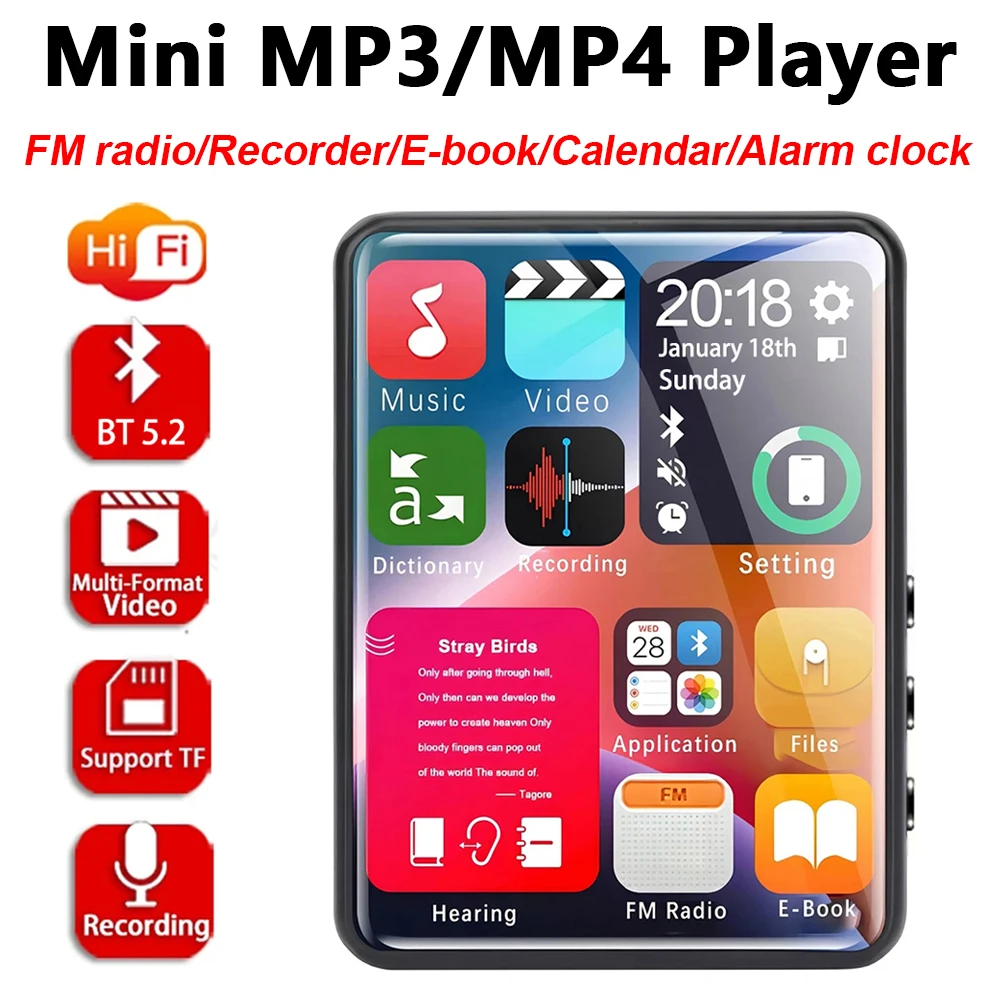 Odtwarzacz MP3 Odtwarzacz muzyczny Bluetooth 5.2 Wbudowany głośnik 2,4-calowy ekran dotykowy Odtwarzacz MP4 HiFi Walkman z FM/E-book/nagrywaniem