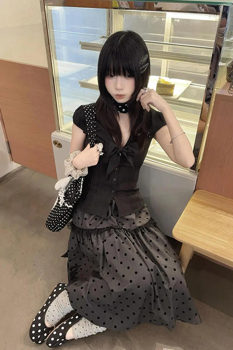 

Japanese Retro Two-Piece Set Antique Black Short-Sleeved Top Polka Dot Long Skirt Women'S Summer New Suit