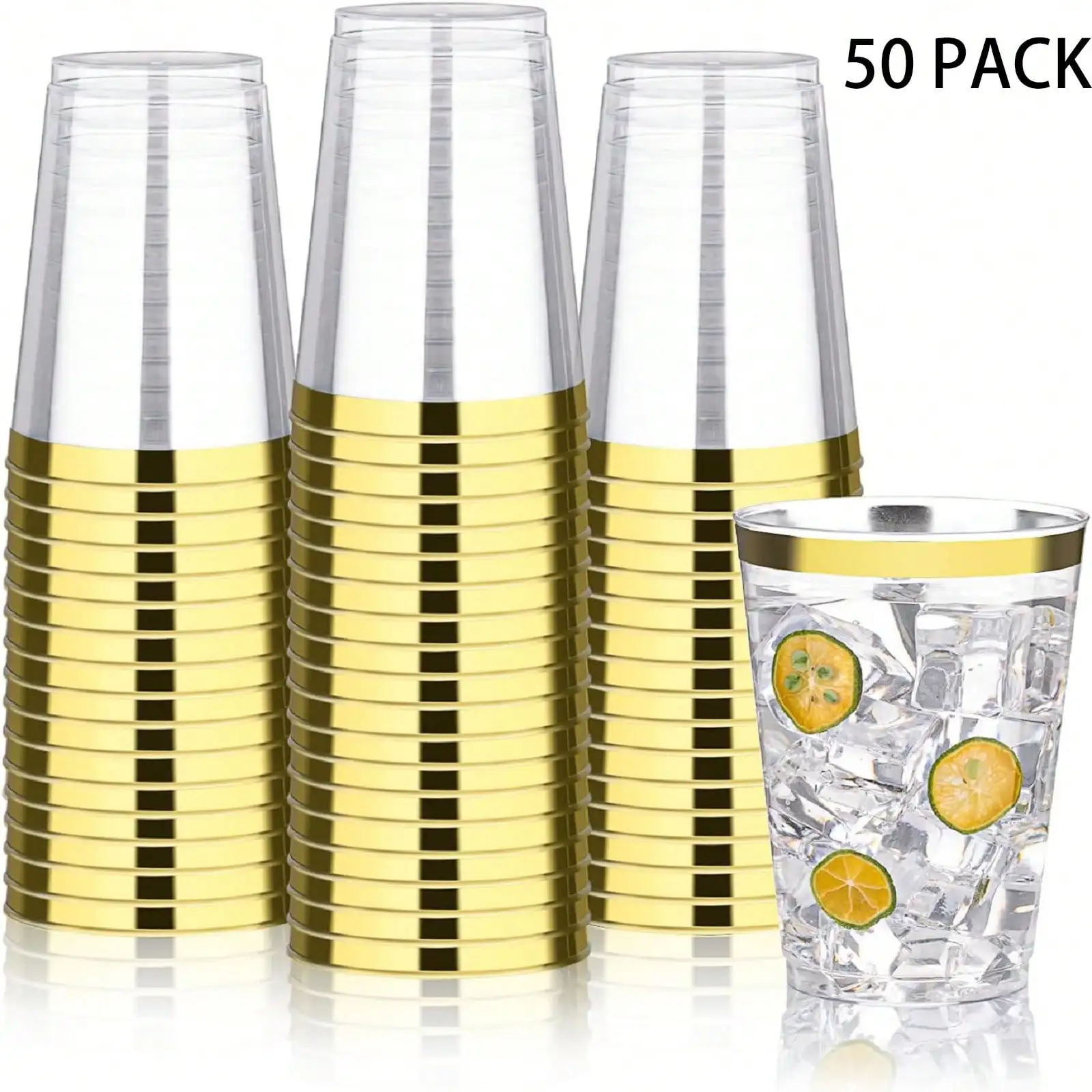50-Pack 9 Oz / 10 Oz / 12 Oz / 16 Oz Gold Glitter Plastic Cups, Gold-Rimmed Disposable Wine Glasses, Heavy-Duty Party Cocktail C