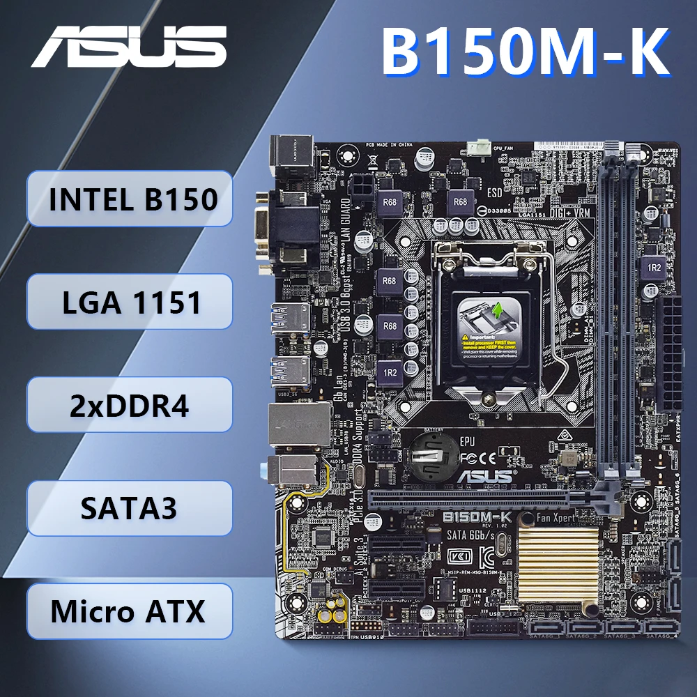 

NEW ASUS B150M-K Motherboard Support LGA1151 sixth generation Core i7/i5/i3 cpus,Intel B150 Chipset, 2xDDR4,PCI-E 3.0,Micro ATX.