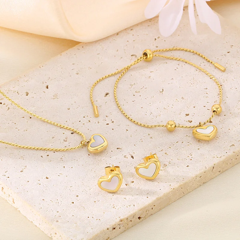 3pcs/set Heart Earrings Necklace Bracelet For Women Girl Fashion Gold Silver Color Stainless Steel Jewelry Sets Wedding Party