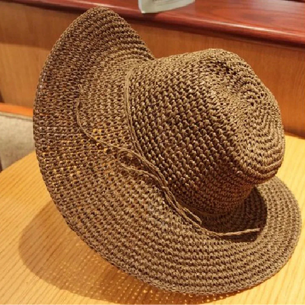 واسعة مرنة حافة قبعة الشمس 56-58 سنتيمتر محيط 15 سنتيمتر حافة 10 سنتيمتر الارتفاع القهوة اللون طوي القش المرأة قبعة المرأة قبعة الشمس