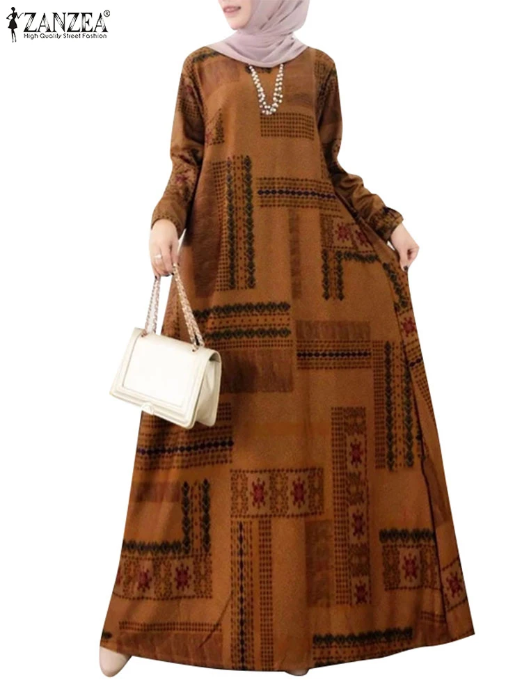2025 ZANZEA Muslim Abaya Spring Women Vintage Long Sleeve Baggy Dresses Kaftan IsIamic Robe Bohemain Printed Maxi Long Sundress