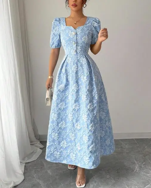 

Summer Chrysanthemum Embroidery Relief Single Breasted Elegant Waist Cinched A-Line Dress for Women's Fashionable Slim Fit Dress