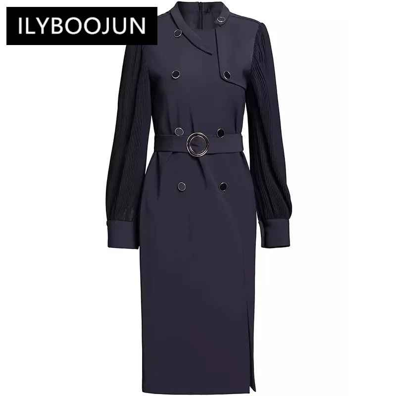 

Commuter Solid Color Women's Dress Autumn Winter Stand Collar Lantern Sleeved Button Lace-up Straight Dresses 2024 Luxury Brand