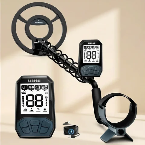 Detector de Metais SUNPOW, Nível de Entrada para Crianças e Adultos, Bobina à Prova d'Água IP68 de 8 polegadas, Recarregável com 4 Modos e 20 Horas de Autonomia, Leve com LCD, para Caça ao Tesouro em Família, Ao Ar Livre e na Praia
