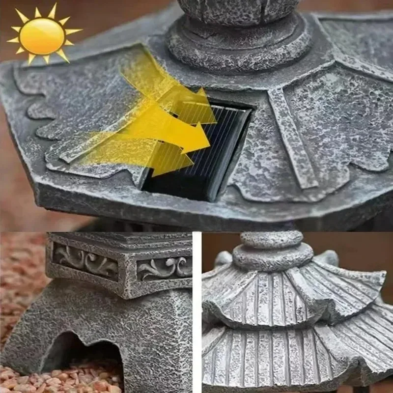 Garden Statue Palace Lanterns Chinese Solar Lamp Decoration Zen Ornaments Solar Powered Tower Stone Courtyard Pagoda Lantern.