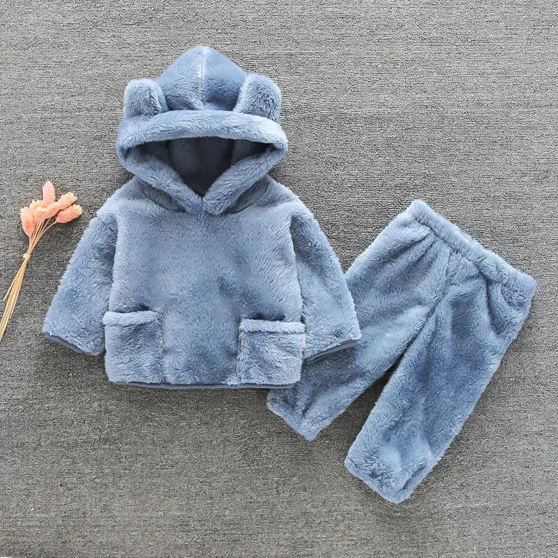 New Cute Baby Boys Girls Coral Velvet Warm Spring Autumn Winter Hoodied Clothes Sets Children Kids Thick Woolen Bear Hoody Suits