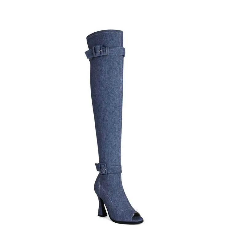 Sexy Blue Denim Jeans Peep Toe Buckle Belt Designer Women Overknees Big Size  45 46 Thigh High Over-the-knee Long Shoes Boots