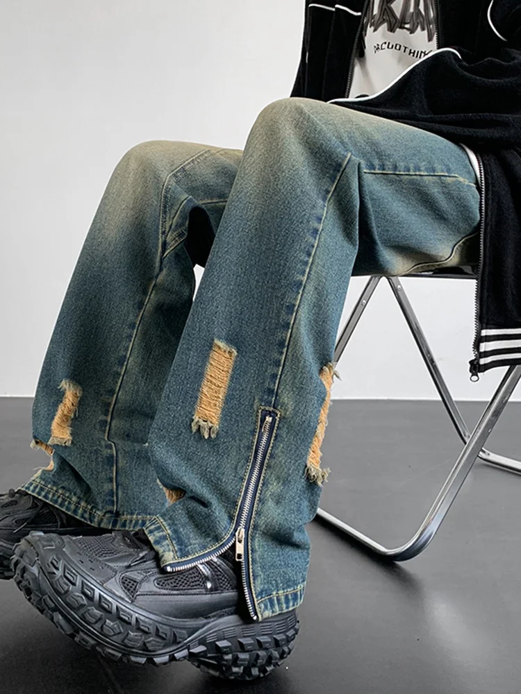 

Spring Autumn Men's Loose Straight Leg Zipper Jeans Casual Torn Workwear Long Pants Youth Faion Wear Resistant Casual Trousers