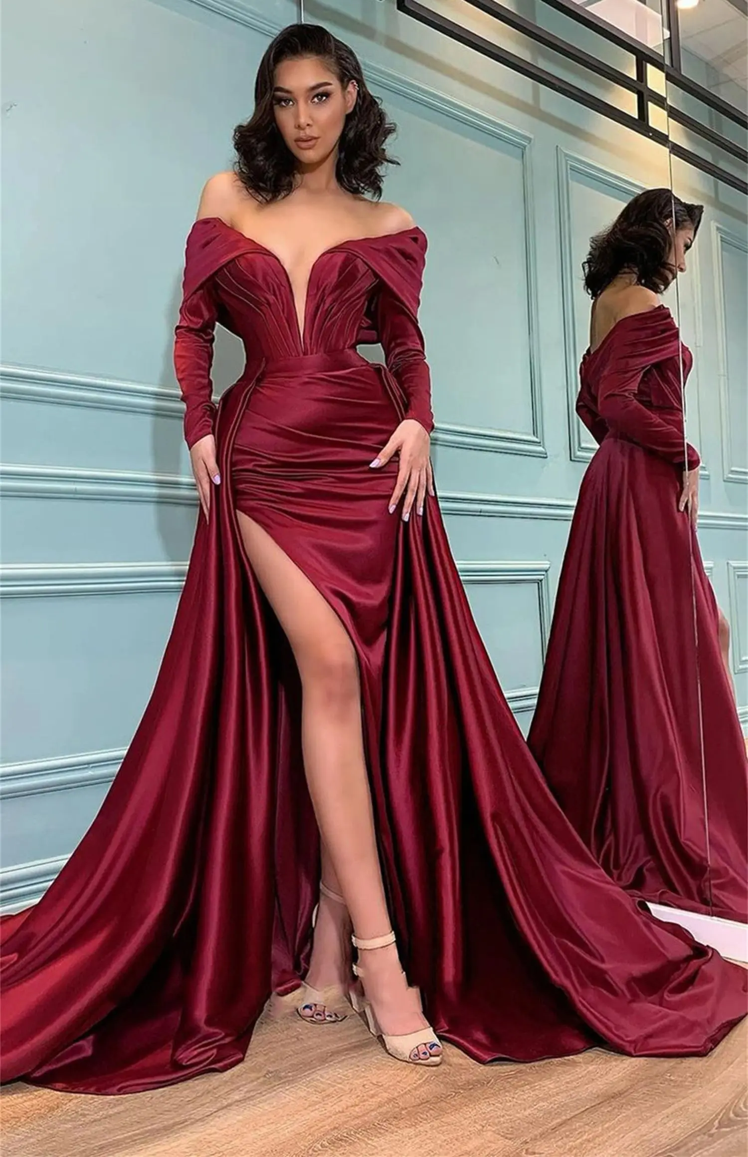 Evening Dress Gala Dresses Woman Customized for Party Dress Women Elegant Luxury Sexy Grace Mermaid Slit Deep Red Satin Prom