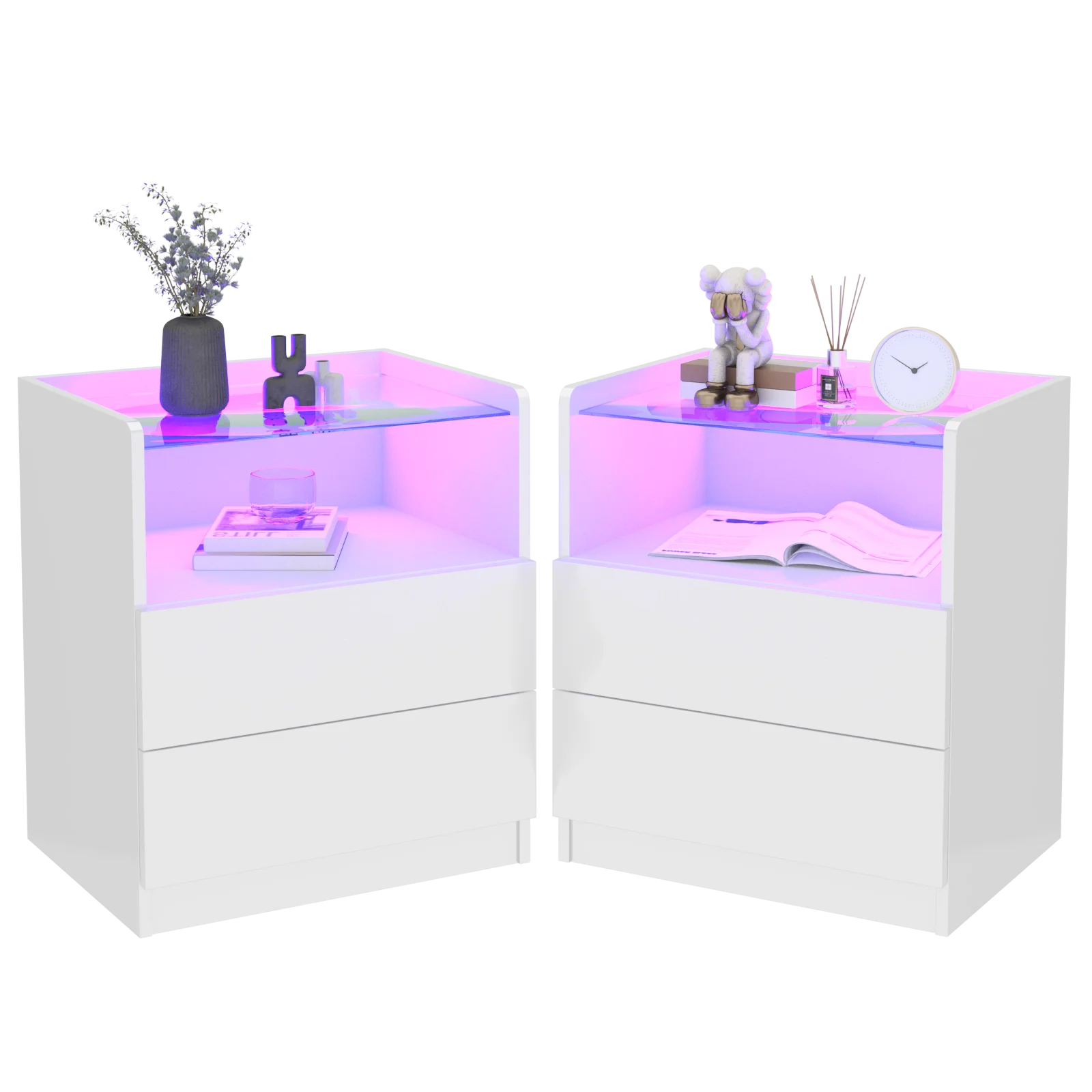 LED Nightstand Set of 2, High Gloss End Table with 2 Storage Drawers for living Room, Modern White Bedside Table with Led Lights