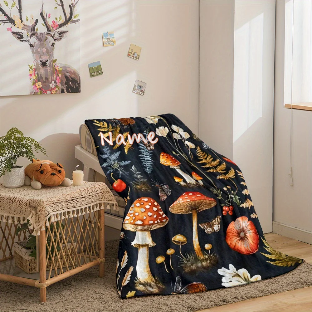 Custom Mushroom Blanket Forest Ferns Berries Butterfly Design Personalized Name Fleece Throw All Season Soft Warm Bedding Home