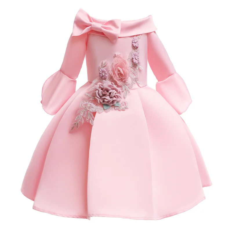 

New Children's Dress Satin Off-Shoulder Sleeve Dress Girls' Formal Dress Embroidered Princess Dress