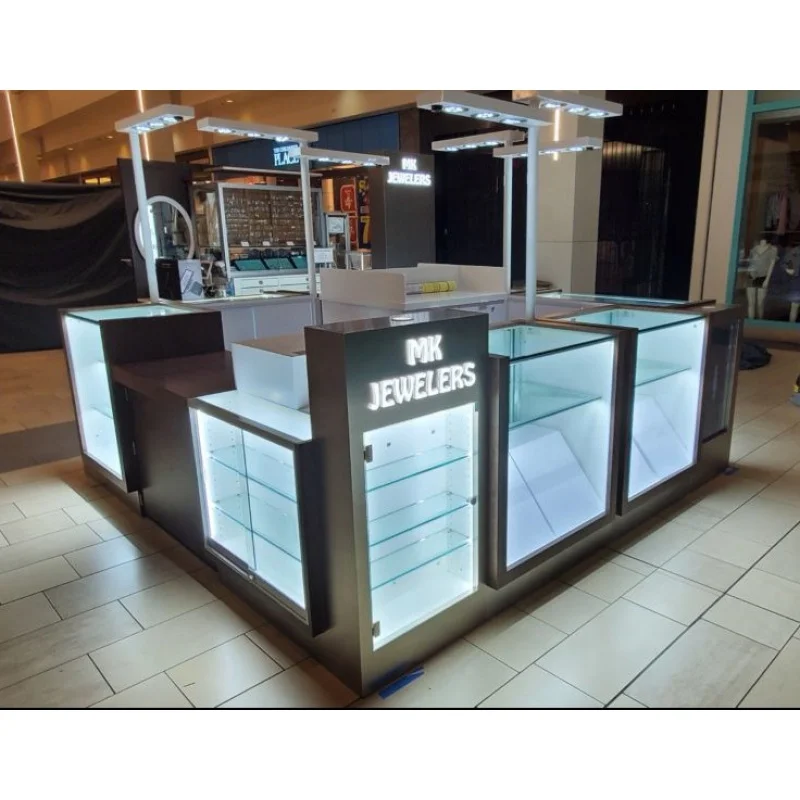 Custom Glass Jewellery Display Cabinet com luz LED, luxo jóias quiosque para Mall, moderno pequeno