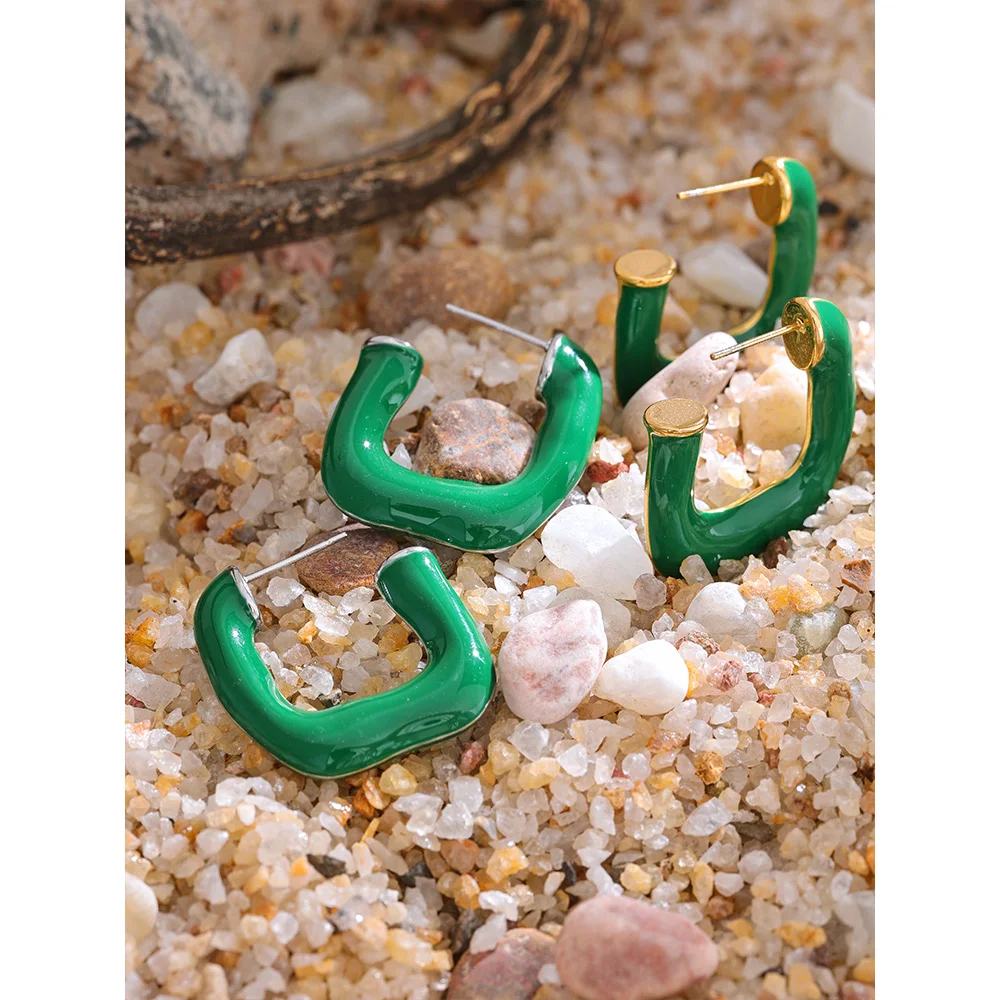 Yhpup Green Enamel Stainless Steel Square Geometric Huggie Earrings for Women Chic Stylish Jewelry Orecchini Da Donna Gift New image 6
