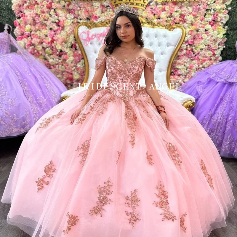 Iridescent Off Shoulder Ball Gown Shiny Pink Sequined Sexy Quinceanera Dresses Sweet 16 Girls Birthday Dress Vestido De 15 Anos