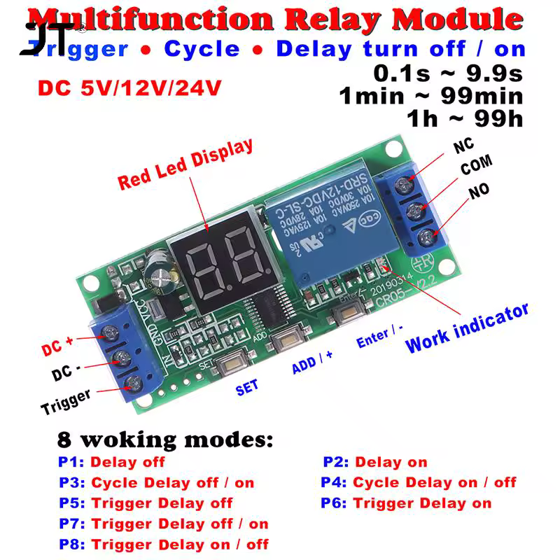 1 ks DC 5V / 12V / 24V multifunkční digitální časový spínač s nekonečným zpožděním, časovací reléový modul