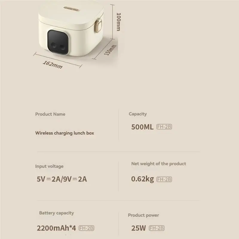 A76G-Wireless Heating Electric Lunch Box Rechargeable 500ML LCD Display Water-Free Portable Heating